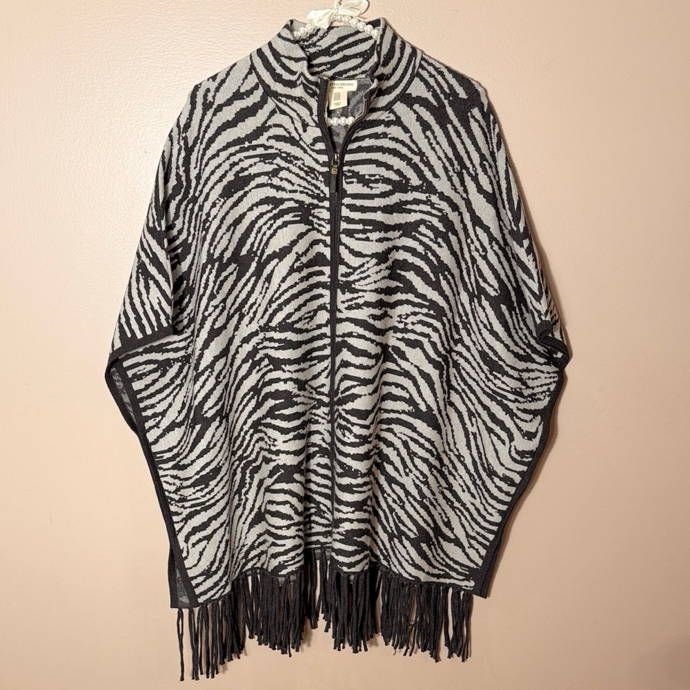 Christian Siriano Charcoal and Light Gray Zebra Cape with Fringe